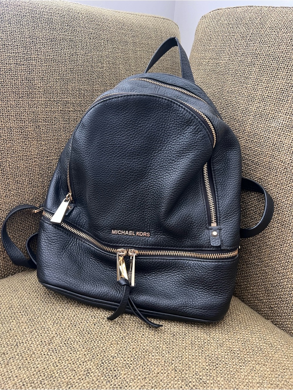 Michael Kors Black Rhea Leather Zip Backpack with Gold Hardware